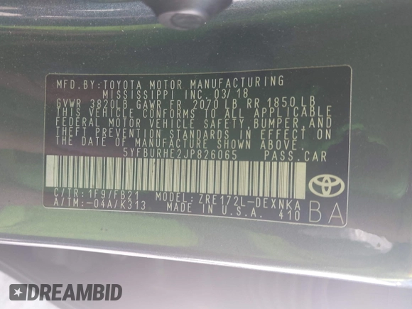 2018 Toyota Corolla L with VIN 5YFBURHE2JP826065, listed as a IAAI auction lot 42587503 with 172,350 mi miles and . Bid and sale history available at DreamBid. Image 9.
