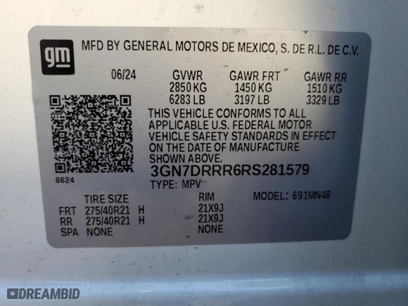 2024 Chevrolet Equinox EV RS with VIN 3GN7DRRR6RS281579, listed as a Copart auction lot 84965704 with 3,738 mi miles and Salvage Title. Bid and sale history available at carsss.com. Image 16.