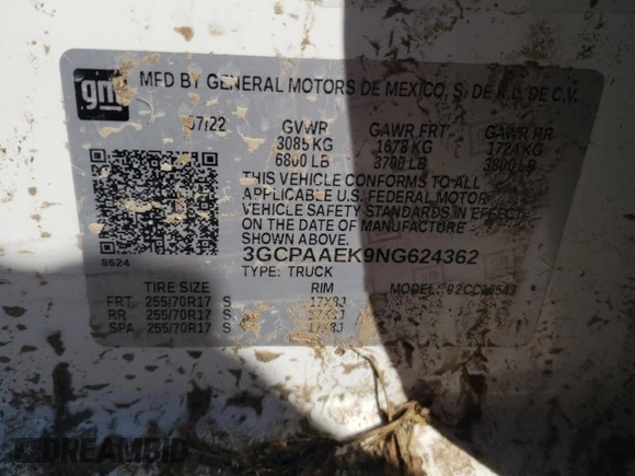 2022 Chevrolet Silverado 1500 Work Truck with VIN 3GCPAAEK9NG624362, listed as a Copart auction lot 49453475 with 80,536 mi miles and Salvage Title. Bid and sale history available at DreamBid. Image 13.