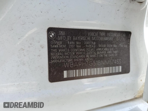 2011 BMW 3 Series 328i with VIN WBAPH7G51BNM57453, listed as a Copart auction lot 50060735 with 0 mi miles and Salvage Title. Bid and sale history available at carsss.com. Image 14.