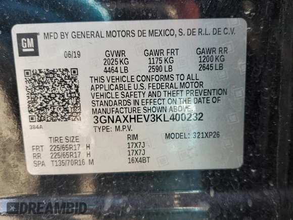 2019 Chevrolet Equinox LS with VIN 3GNAXHEV3KL400232, listed as a Copart auction lot 48299705 with 99,901 mi miles and Salvage Title. Bid and sale history available at carsss.com. Image 16.