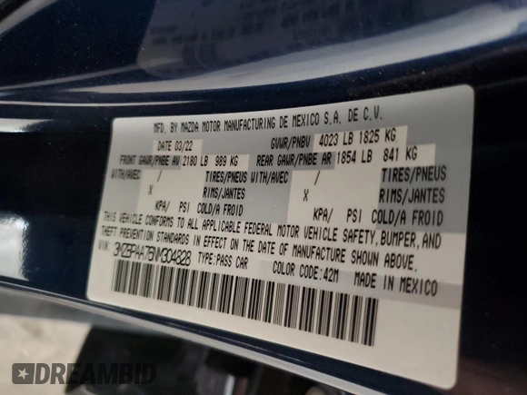 2022 Mazda 3 2.0 with VIN 3MZBPAA76NM304828, listed as a Copart auction lot 50623405 with 17,037 mi miles and Salvage Title. Bid and sale history available at DreamBid. Image 14.