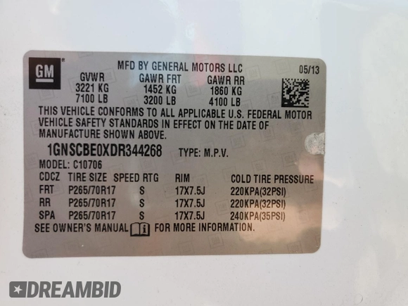 2013 Chevrolet Tahoe LT with VIN 1GNSCBE0XDR344268, listed as a Copart auction lot 62084475 with 171,603 mi miles and Salvage title. Bid and sale history available at DreamBid. Image 13.