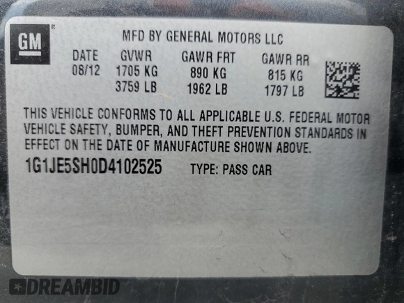 2013 Chevrolet Sonic LTZ z VIN 1G1JE5SH0D4102525, wystawiony jako Copart lot #60976595 z przebiegiem 138 420 mil mil oraz Szkoda całkowita • Salvage title. Historia ofert i sprzedaży dostępna na DreamBid. Obrazek 12.