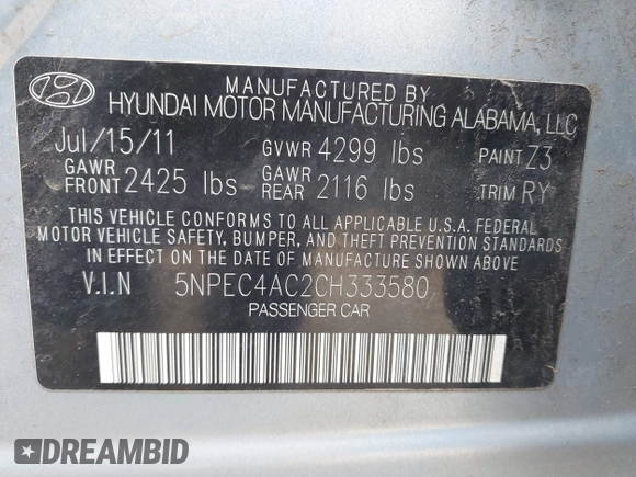 2012 Hyundai Sonata 2.4L Limited PZEV with VIN 5NPEC4AC2CH333580, listed as a IAAI auction lot 42024064 with 155,909 mi miles. Bid and sale history available at carsss.com. Image 9.