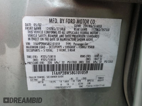 2008 Ford Taurus Limited with VIN 1FAHP28W58G101059, listed as a Copart auction lot 89012075 with 128,122 mi miles and Clean Title. Bid and sale history available at carsss.com. Image 12.