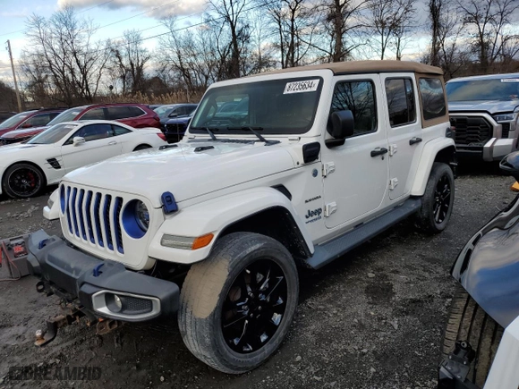 2021 Jeep Wrangler 4xe Unlimited Sahara with VIN 1C4JJXP62MW677073, listed as a Copart auction lot 53837045 with 0 mi miles and Salvage Title. Bid and sale history available at carsss.com. Image 1.