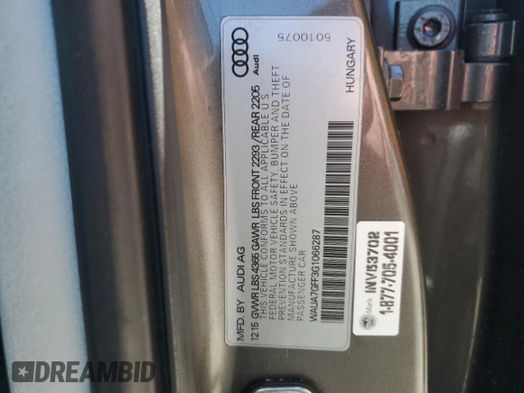 2016 Audi A3 Premium z VIN WAUA7GFF3G1066287, wystawiony jako Copart lot #50188575 z przebiegiem 125 217 mil mil oraz Szkoda całkowita • Salvage title. Historia ofert i sprzedaży dostępna na DreamBid. Obrazek 15.