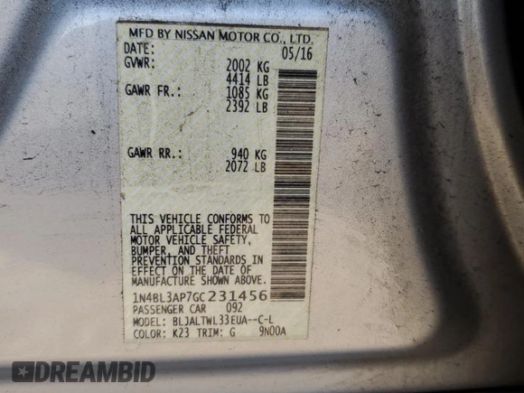 2016 Nissan Altima SL with VIN 1N4BL3AP7GC231456, listed as a Copart auction lot 52951365 with 72,327 mi miles and Salvage title. Bid and sale history available at DreamBid. Image 12.