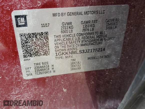 2018 GMC Acadia SLT with VIN 1GKKNMLS3JZ175214, listed as a Copart auction lot 54836855 with 144,693 mi miles and Salvage title. Bid and sale history available at DreamBid. Image 12.