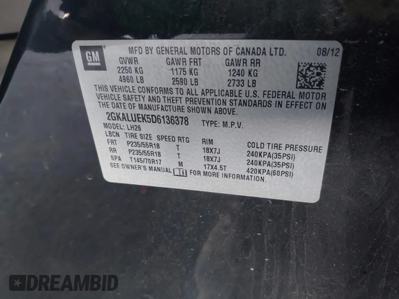 2013 GMC Terrain SLT z VIN 2GKALUEK5D6136378, wystawiony jako IAAI lot #42598820 z przebiegiem 136 274 mil mil oraz . Historia ofert i sprzedaży dostępna na DreamBid. Obrazek 9.