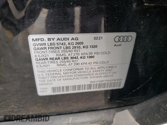 2021 Audi SQ5 Prestige с VIN WA1C4BFYXM2063895, выставлен на аукционе Copart как лот 62952085 с пробегом 49 369 миль миль и Списание • Salvage title. История ставок и продаж доступна на DreamBid. Изображение 13.