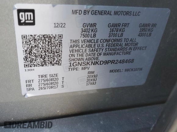 2023 Chevrolet Tahoe LT with VIN 1GNSKNKD9PR248468, listed as a Copart auction lot 44017035 with Not provided miles and Salvage title. Bid and sale history available at DreamBid. Image 14.