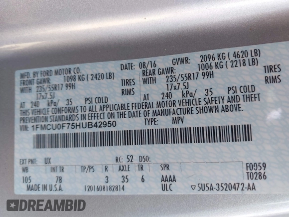 2017 Ford Escape S with VIN 1FMCU0F75HUB42950, listed as a IAAI auction lot 41830024 with 48,513 mi miles. Bid and sale history available at carsss.com. Image 9.