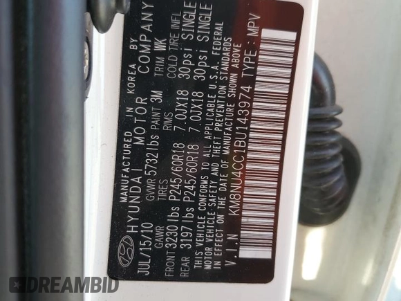 2011 Hyundai Veracruz GLS with VIN KM8NU4CC1BU143974, listed as a Copart auction lot 43716135 with 113,506 mi miles and Salvage title. Bid and sale history available at DreamBid. Image 13.