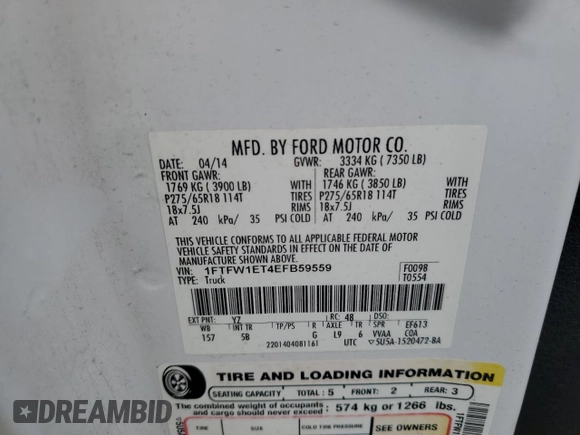 2014 Ford F-150 XL with VIN 1FTFW1ET4EFB59559, listed as a Copart auction lot 63641185 with 243,378 mi miles and Clean title. Bid and sale history available at DreamBid. Image 12.