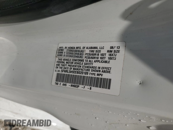 2014 Honda Odyssey Touring with VIN 5FNRL5H92EB020189, listed as a Copart auction lot 62311425 with Not provided miles and Clean title. Bid and sale history available at DreamBid. Image 13.