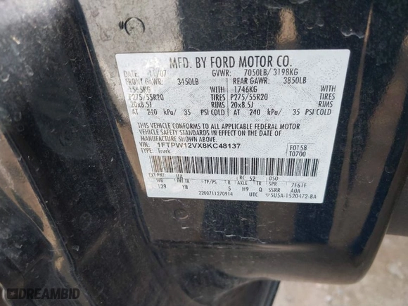 2008 Ford F-150 XLT with VIN 1FTPW12VX8KC48137, listed as a IAAI auction lot 41682620 with 200,102 mi miles. Bid and sale history available at carsss.com. Image 9.