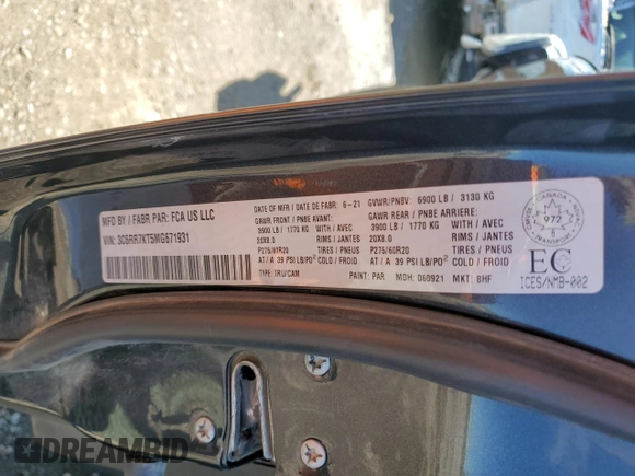 2021 Ram 1500 Tradesman with VIN 3C6RR7KT5MG671931, listed as a Copart auction lot 67075115 with 58,292 mi miles and Salvage title. Bid and sale history available at DreamBid. Image 12.