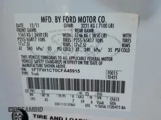 2012 Ford F-150 XL with VIN 1FTFW1CT0CFA45915, listed as a Copart auction lot 52785245 with 105,811 mi miles and Clean Title. Bid and sale history available at carsss.com. Image 12.