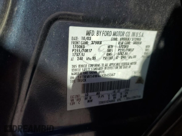 2004 Ford F-150 XLT with VIN 1FTRW14W44KB45367, listed as a Copart auction lot 45514565 with 140,952 mi miles and Salvage Title. Bid and sale history available at carsss.com. Image 13.