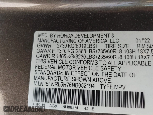 2022 Honda Odyssey EX-L with VIN 5FNRL6H76NB052194, listed as a IAAI auction lot 41889058 with 49,731 mi miles and . Bid and sale history available at DreamBid. Image 9.