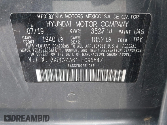 2020 Hyundai Accent SE with VIN 3KPC24A61LE096847, listed as a IAAI auction lot 41997351 with 48,214 mi miles. Bid and sale history available at carsss.com. Image 9.