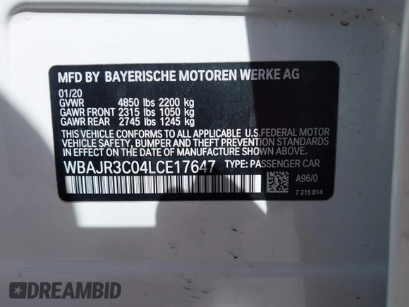 2020 BMW 5 Series 530i with VIN WBAJR3C04LCE17647, listed as a IAAI auction lot 42181535 with 42,265 mi miles and . Bid and sale history available at DreamBid. Image 9.