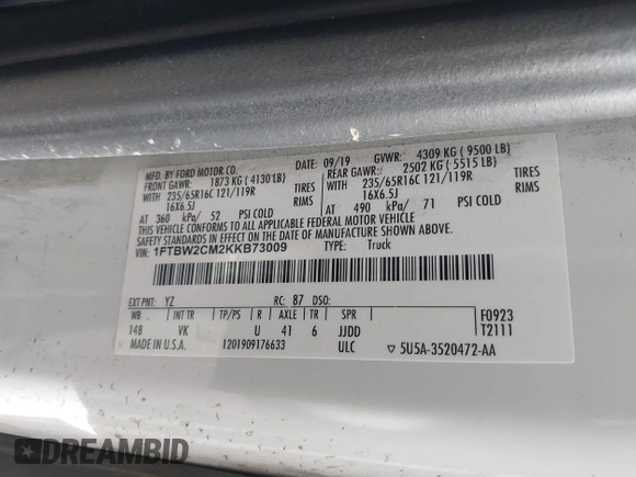 2019 Ford Transit with VIN 1FTBW2CM2KKB73009, listed as a IAAI auction lot 42739561 with 144,807 mi miles and . Bid and sale history available at DreamBid. Image 9.