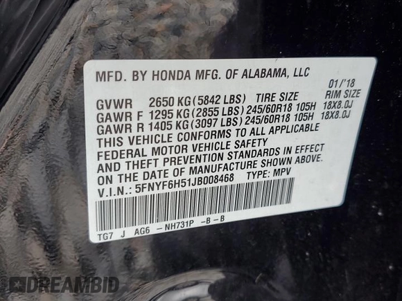 2018 Honda Pilot EX-L with VIN 5FNYF6H51JB008468, listed as a Copart auction lot 62929565 with 71,020 mi miles and Salvage title. Bid and sale history available at DreamBid. Image 13.