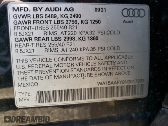 2022 Audi Q5 Sportback S line Premium Plus z VIN WA15AAFY9N2017083, wystawiony jako Copart lot #50309294 z przebiegiem 48 353 mil mil oraz Szkoda całkowita • Salvage title. Historia ofert i sprzedaży dostępna na DreamBid. Obrazek 12.