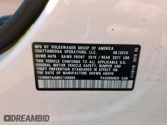 2013 Volkswagen Passat SE with VIN 1VWBH7A36DC139893, listed as a Copart auction lot 46299765 with 100,322 mi miles and Clean Title. Bid and sale history available at carsss.com. Image 12.