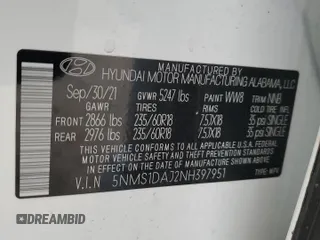 2022 Hyundai Santa Fe SE with VIN 5NMS1DAJ2NH397951, listed as a Copart auction lot 62522614 with 19,933 mi miles and Salvage Title. Bid and sale history available at DreamBid. Image 13.