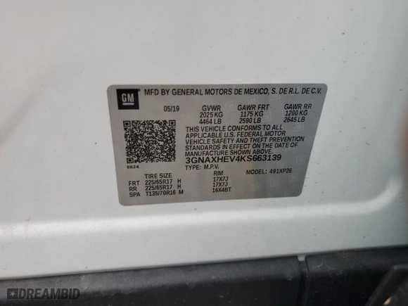 2019 Chevrolet Equinox LS with VIN 3GNAXHEV4KS663139, listed as a Copart auction lot 65953454 with 71,243 mi miles and Non Repairable. Bid and sale history available at carsss.com. Image 13.