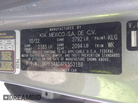 2023 Kia Forte GT-Line z VIN 3KPF54AD4PE553188, wystawiony jako IAAI lot #41847958 z przebiegiem 27 820 mil mil oraz . Historia ofert i sprzedaży dostępna na DreamBid. Obrazek 9.