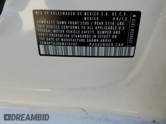 2013 Volkswagen Jetta Sedan SE with VIN 3VWDP7AJ0DM379742, listed as a Copart auction lot 46666445 with 150,369 mi miles and Salvage Title. Bid and sale history available at carsss.com. Image 12.