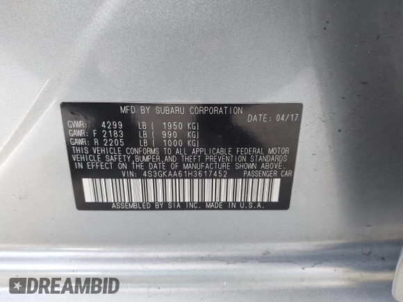 2017 Subaru Impreza z VIN 4S3GKAA61H3617452, wystawiony jako IAAI lot #42115262 z przebiegiem 165 836 mil mil oraz . Historia ofert i sprzedaży dostępna na DreamBid. Obrazek 9.