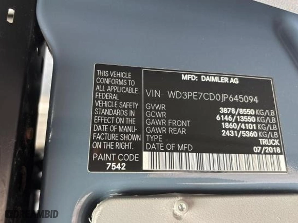 2018 Mercedes-Benz Sprinter Cargo Van Worker with VIN WD3PE7CD0JP645094, listed as a Copart auction lot 85359804 with 125,276 mi miles and Clean Title. Bid and sale history available at carsss.com. Image 10.