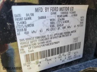 2008 Ford Super Duty F-250 SRW XL with VIN 1FTSW21R18EE07601, listed as a IAAI auction lot 41682833 with 1 mi miles. Bid and sale history available at carsss.com. Image 9.