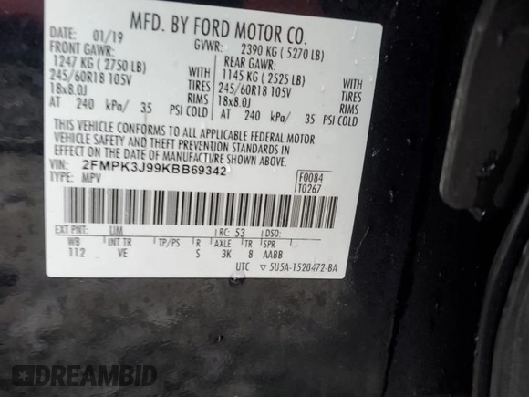 2019 Ford Edge SEL z VIN 2FMPK3J99KBB69342, wystawiony jako Copart lot #43181605 z przebiegiem 59 536 mil mil oraz Szkoda całkowita • Salvage title. Historia ofert i sprzedaży dostępna na DreamBid. Obrazek 13.
