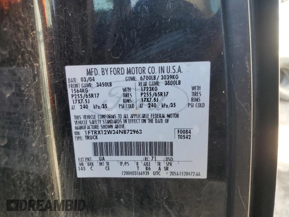 2004 Ford F-150 STX with VIN 1FTRX12W34NB72963, listed as a Copart auction lot 47400845 with 226,957 mi miles and Salvage Title. Bid and sale history available at carsss.com. Image 14.