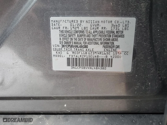 2022 Nissan Kicks S with VIN 3N1CP5BV4NL484380, listed as a Copart auction lot 46418775 with 0 mi miles and Salvage Title. Bid and sale history available at carsss.com. Image 13.
