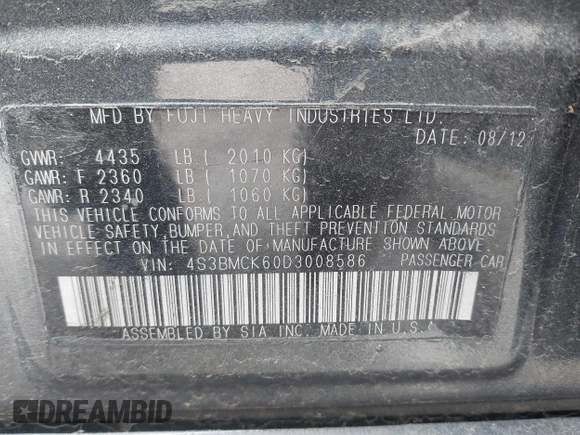 2013 Subaru Legacy Limited with VIN 4S3BMCK60D3008586, listed as a IAAI auction lot 42132054 with 188,499 mi miles and . Bid and sale history available at DreamBid. Image 9.