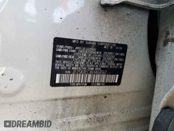 2019 Subaru Forester Premium with VIN JF2SKAECXKH464561, listed as a Copart auction lot 61057425 with 121,967 mi miles and Salvage title. Bid and sale history available at DreamBid. Image 13.