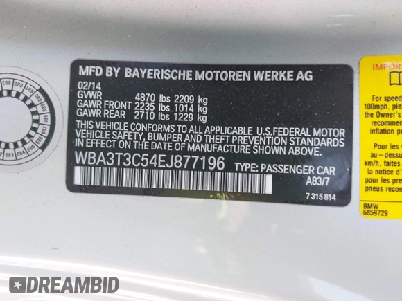 2014 BMW 4 Series 435i with VIN WBA3T3C54EJ877196, listed as a IAAI auction lot 42755387 with 113,172 mi miles and . Bid and sale history available at DreamBid. Image 9.