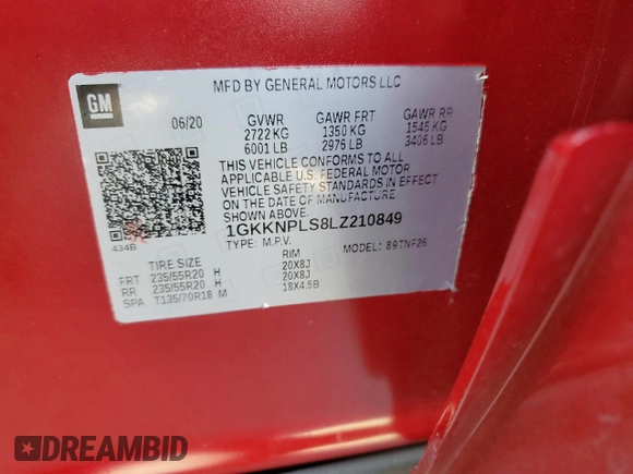 2020 GMC Acadia Denali with VIN 1GKKNPLS8LZ210849, listed as a Copart auction lot 59274965 with 45,353 mi miles and Salvage title. Bid and sale history available at DreamBid. Image 13.