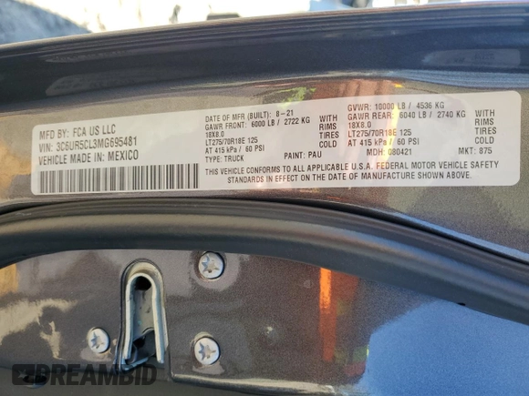 2021 Ram 2500 Tradesman with VIN 3C6UR5CL3MG695481, listed as a Copart auction lot 88367495 with 0 mi miles and Salvage Title. Bid and sale history available at carsss.com. Image 13.