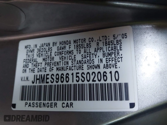 2005 Honda Civic with VIN JHMES96615S020610, listed as a IAAI auction lot 42098993 with 135,778 mi miles and . Bid and sale history available at DreamBid. Image 9.