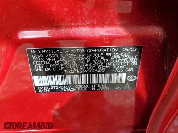 2022 Lexus IS 350 F Sport with VIN JTHGZ1E26N5026437, listed as a Copart auction lot 55874885 with Not provided miles and Salvage title. Bid and sale history available at DreamBid. Image 12.