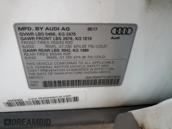 2018 Audi Q5 Premium Plus with VIN WA1BNAFY2J2015628, listed as a Copart auction lot 35915233 with 65,718 mi miles. Bid and sale history available at carsss.com. Image 13.